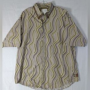 COOGI Mens XXL Button Up Down Shirt Double Collar Brown Yellow Wavy Stripes SS